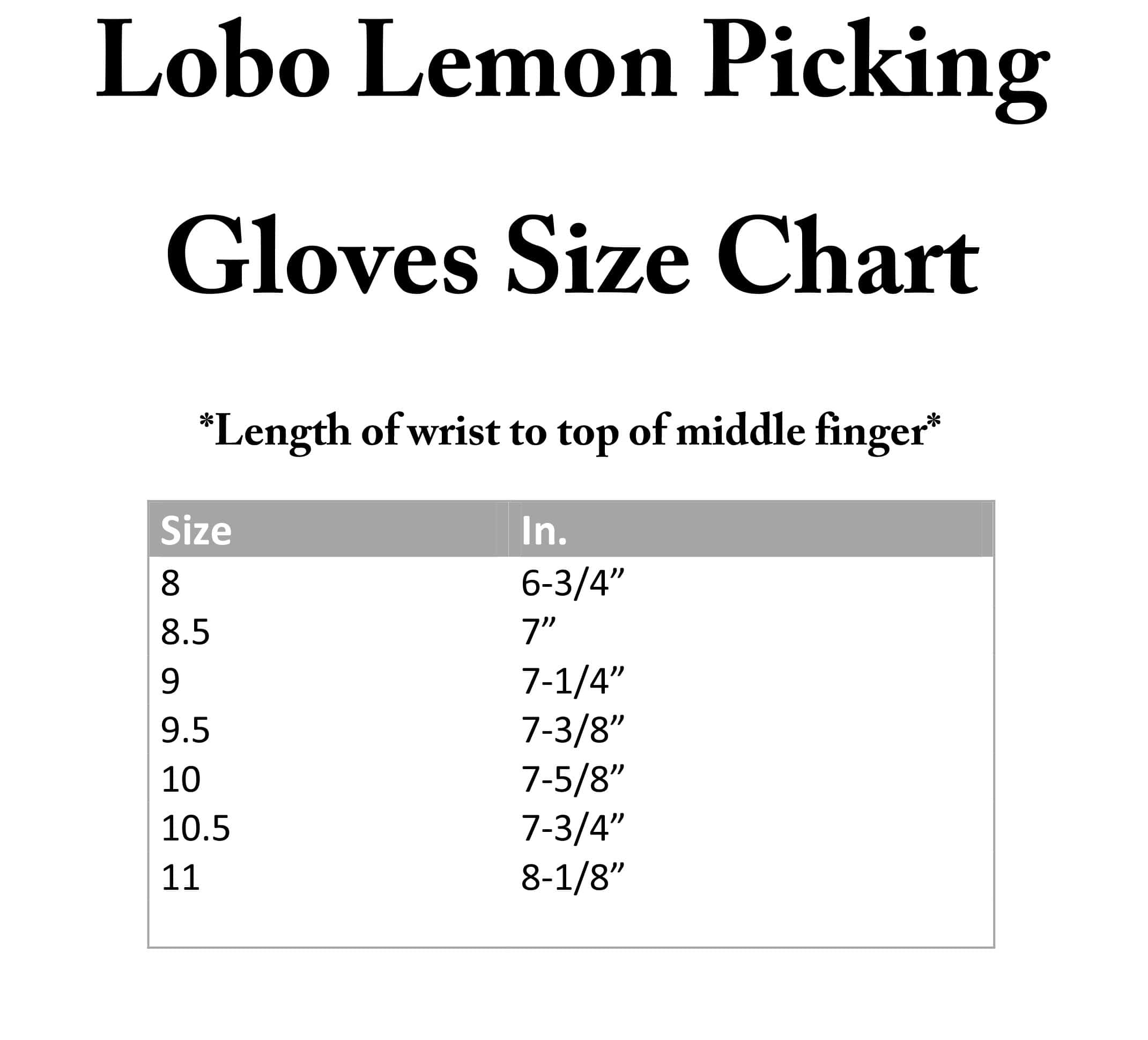 Lobo Lemon Gloves Size Chart