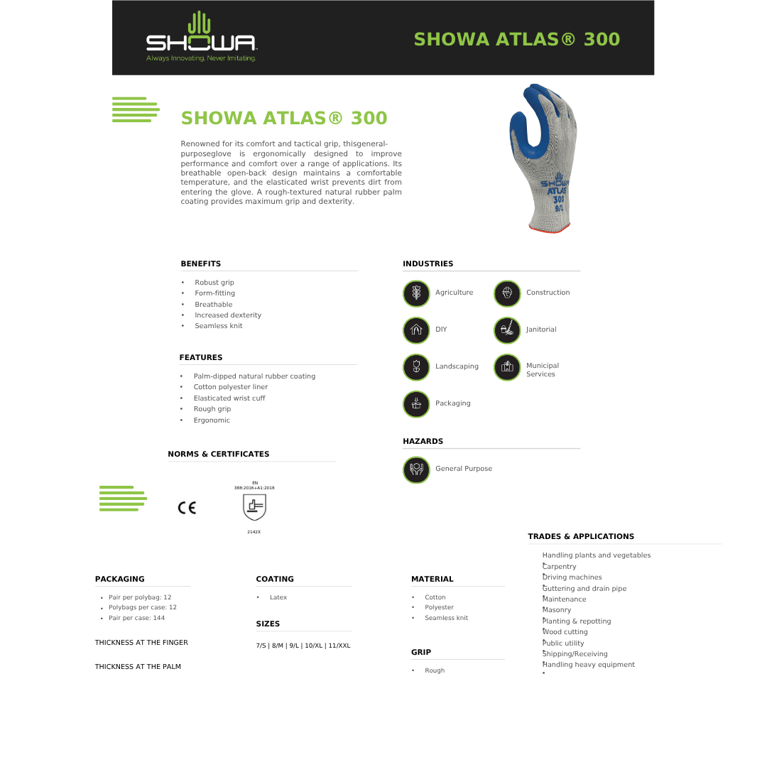 Showa Atlas 300 Work Gloves – Rubber Palm Grip Gloves for Farm & Harvest Crews